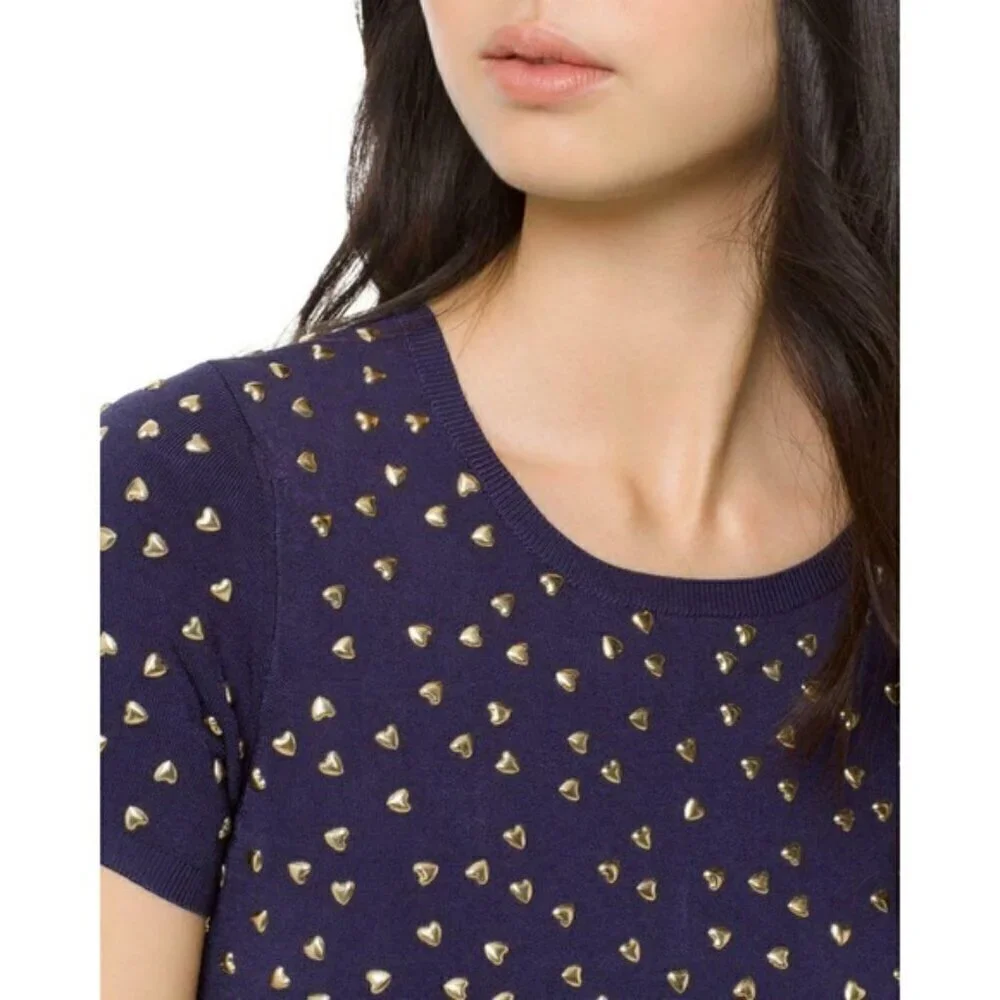 $350 MICHAEL KORS‎ Navy Knit Dress With Gold Heart Studs Size L 10- 12 NEW!